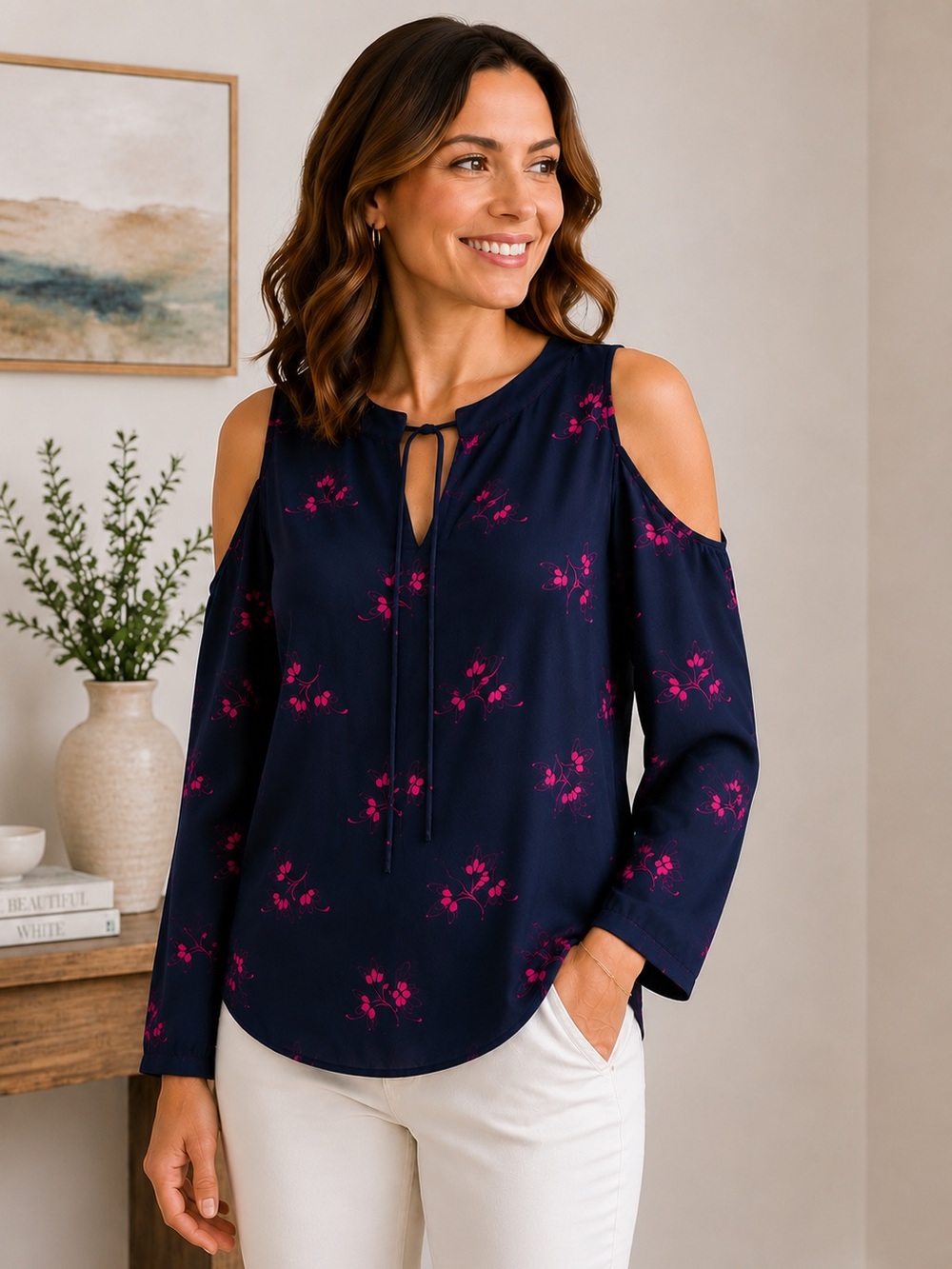 LOFT Cold Shoulder Blouse S Navy Floral Tie Neck Long Sleeve Relaxed Flowy